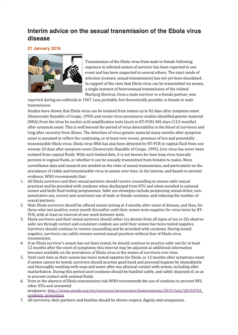 Interim advice on the sexual transmission of the Ebola virus disease